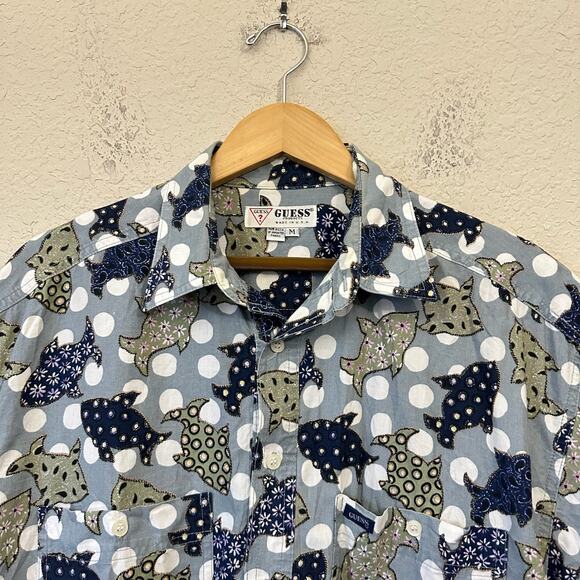Vintage GUESS Shirt Blue Fish Floral All Over Print Button Up Cotton USA - Picture 6 of 11